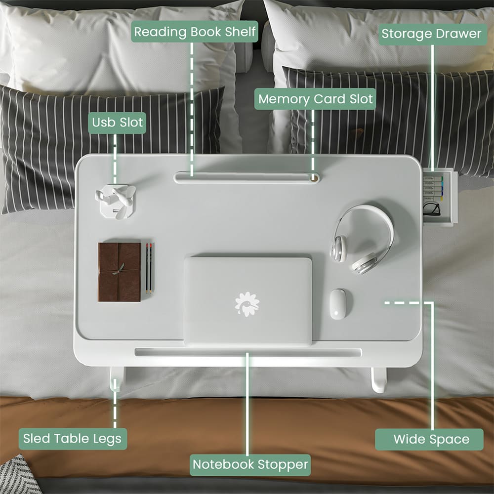 Smart Bed Table with USB, Adjustable Folding Desk with Storage Drawer, Portable Lap Desk for Sofa Couch Floor