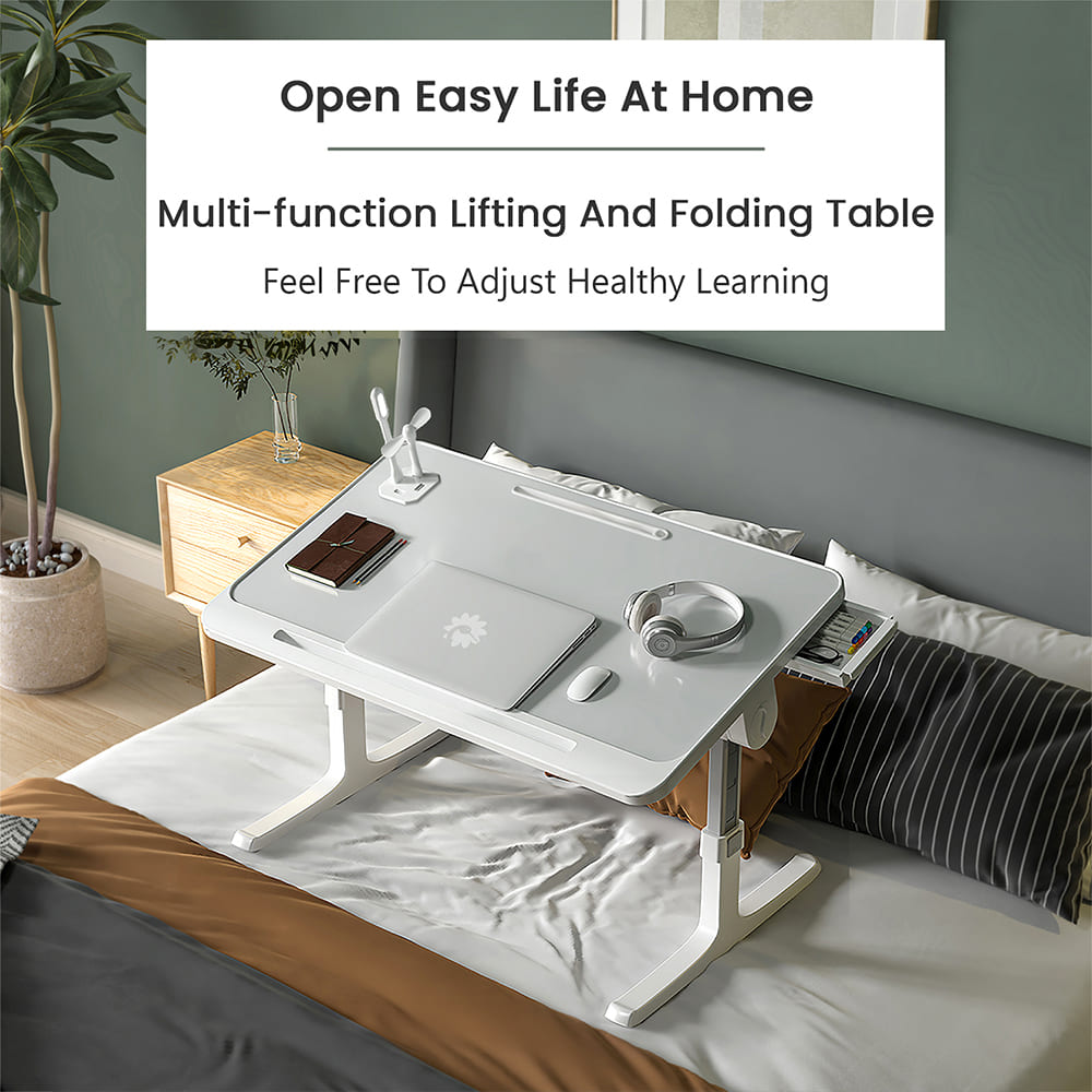 Smart Bed Table with USB, Adjustable Folding Desk with Storage Drawer, Portable Lap Desk for Sofa Couch Floor