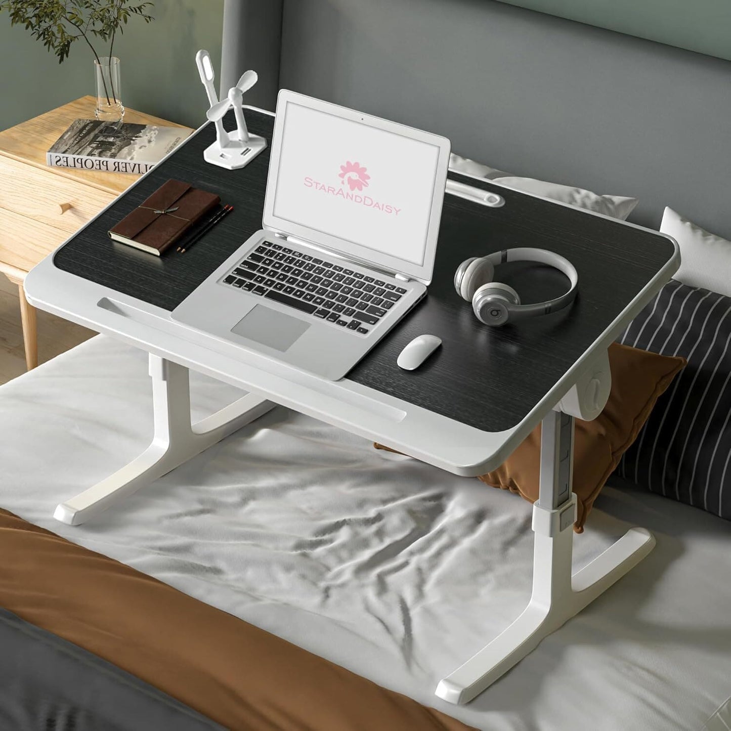 Smart Bed Table with USB, Adjustable Folding Desk with Storage Drawer, Portable Lap Desk for Sofa Couch Floor