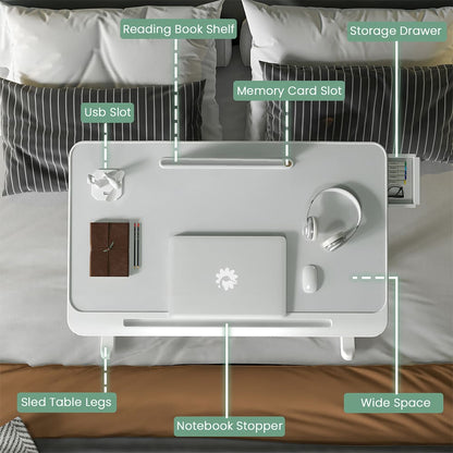 Smart Bed Table with USB, Adjustable Folding Desk with Storage Drawer, Portable Lap Desk for Sofa Couch Floor