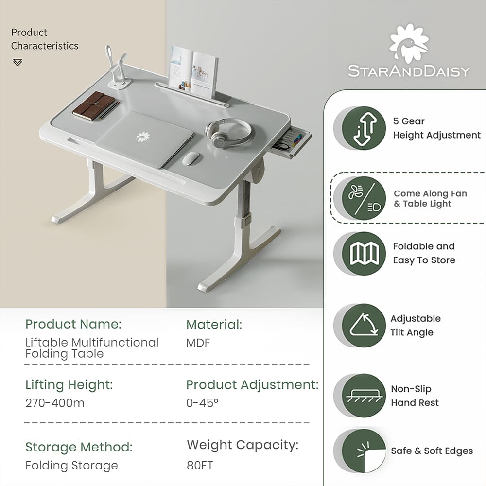 Smart Bed Table with USB, Adjustable Folding Desk with Storage Drawer, Portable Lap Desk for Sofa Couch Floor